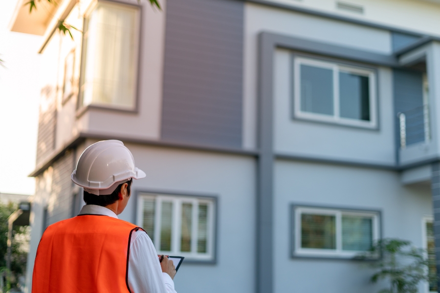 inspector with protection equipment checking house exteriors longwood fl